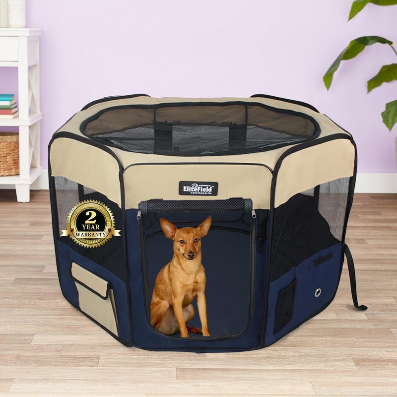 EliteField 2-Door Soft Pet Playpen (2 Year Warranty), Exercise Pen, Multiple Sizes and Colors Available for Dogs, Cats and Other Pets (36" x 36" x 24"H, Beige+Navy Blue) - Image 2